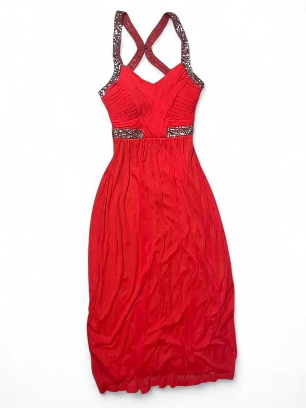City Triangles Y2K Bright Coral Embellished Crisscross Strap Evening Dress